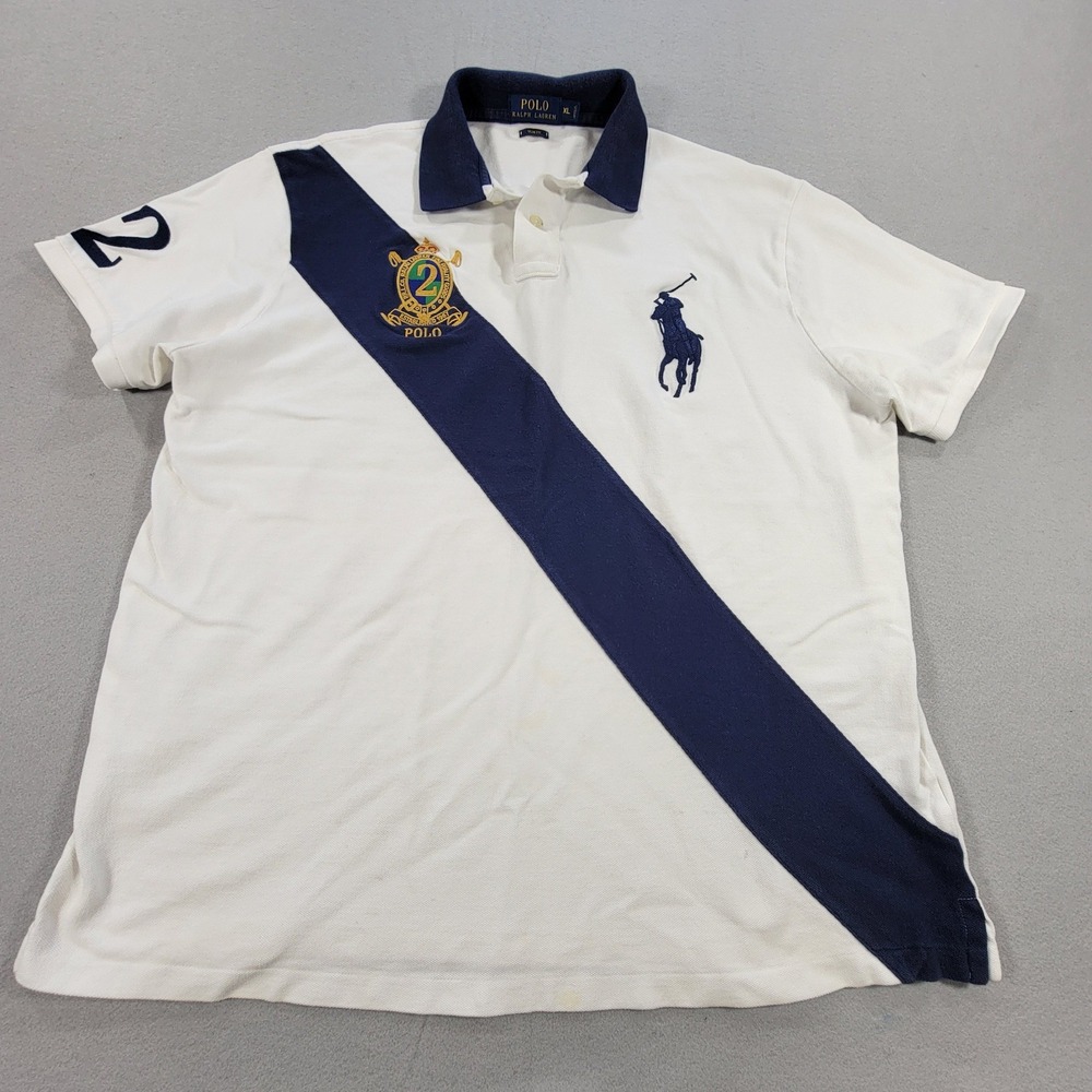 Polo Ralph Lauren Polo Shirt Big Pony Crest Sash Slim Fit White Navy Men's XL - Picture 2 of 11